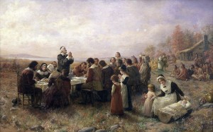 A picture of what the First Thanksgiving really looked like.  Wait a minute -- How did the Sioux Indians from South Dakota get to Massachusetts?  And where are the Wampanoag? 